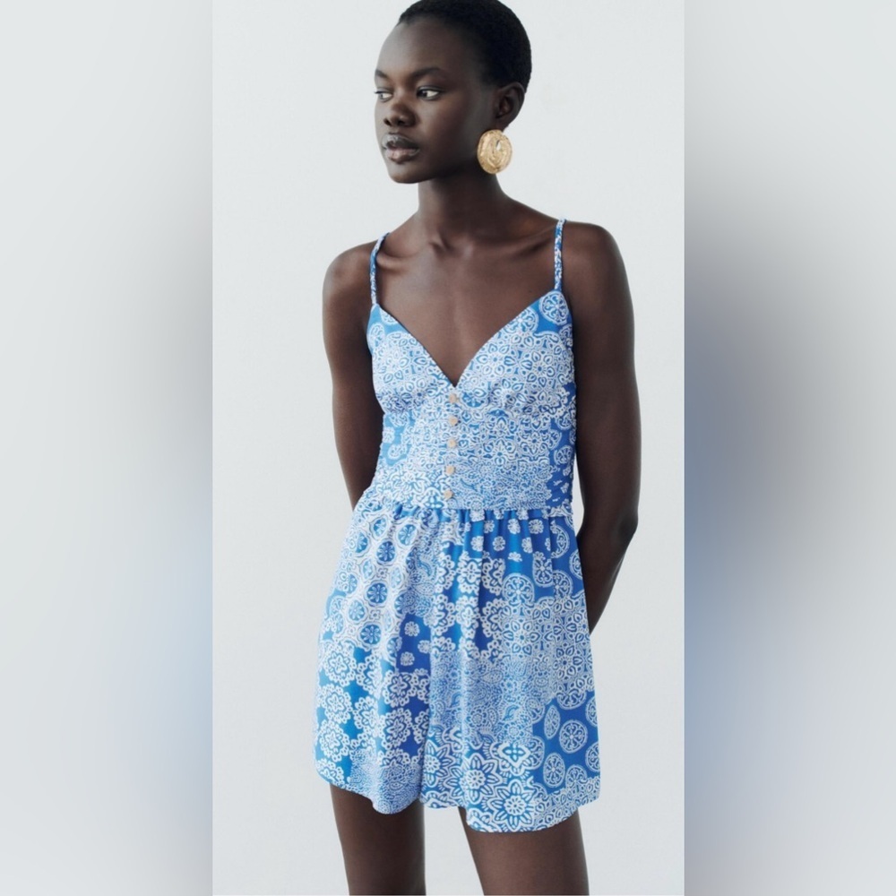 ZARA Women Printed Playsuit Romper Gathering Blue White Large NEW NWT